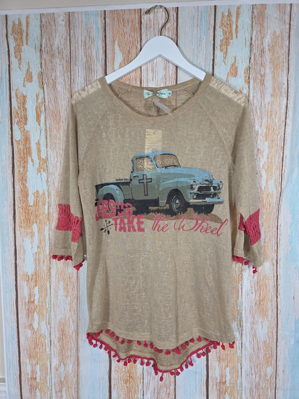 Southern Grace Tan Graphic Truck Top, Pink Trim "Jesus Take The Wheel". Size M
